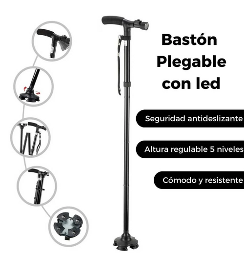 Bastón Plegable Antideslizante con 4 Puntos de Soporte y Luz Led