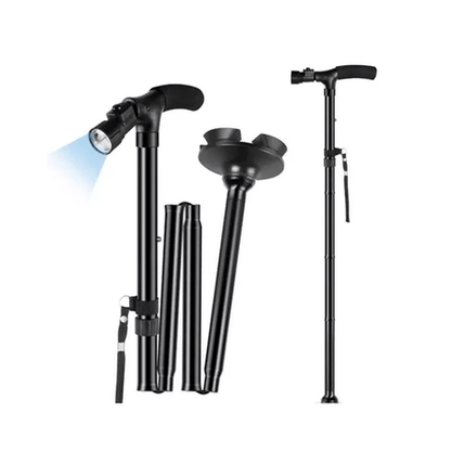 Bastón Plegable Antideslizante con 4 Puntos de Soporte y Luz Led